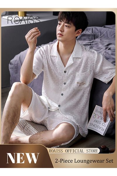 ROAISS Men 2 Piece Loungewear Set Short Sleeves & Shorts Ice Silk Pajamas Comfortable Skin Friendly Fabric