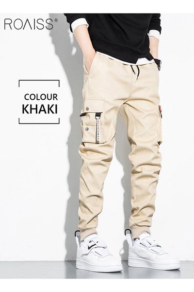 ROAISS Men's Cargo Trendy Pants Casual Jogging Pants Loose Fit Ankle-Tied with Elastic Drawstring