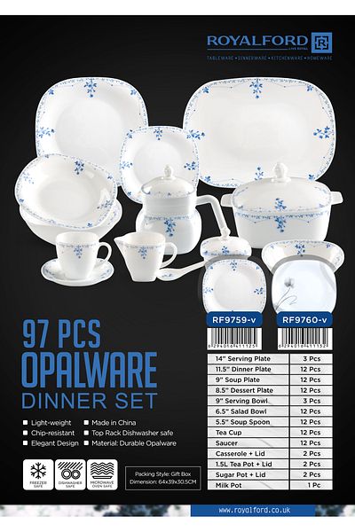 ROYALFORD 97pcs Opal Ware Dinner Set Floral Design Spoons Cup & Saucer Tea Pot Rf9760