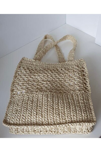 PeriStore Hasır Bej Shopper El Örmesi Çanta 30x35cm Astarlı