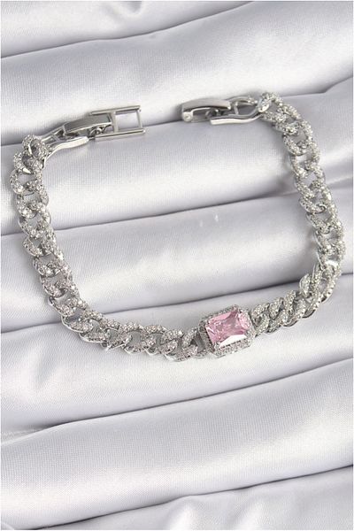 Skygo Vip Series Women's Bracelet with Brass Silver Color Pink Square Zircon Stone - Tj-Bb6489
