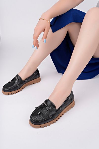 Deripabuc Genuine Leather Black Women's Leather Loafer Shoes Trc-9901