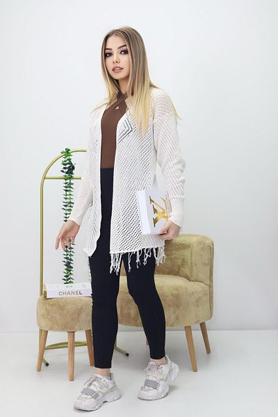 pengu Boutique White Openwork Seasonal Knitwear Cardigan
