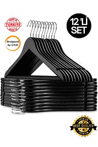 BabyLondy 12 Adet - Ahşap Görünümlü Plastik A Kalite Siyah Elbise Askı