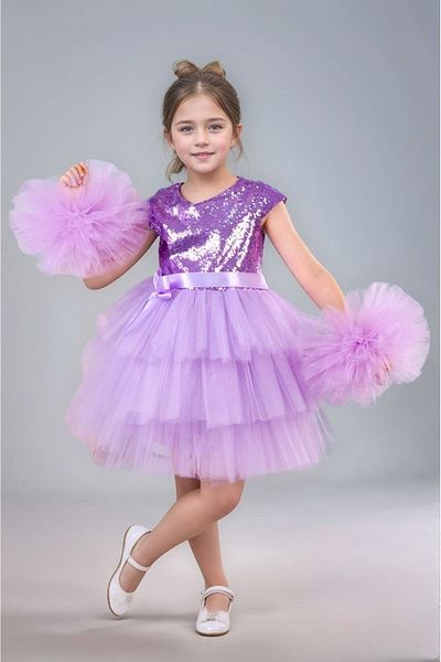 ABİYEKİDS Lilac Birthday Party Performance - Homecoming Dress with Pompom, Buckle and Sequin Detail Aby160