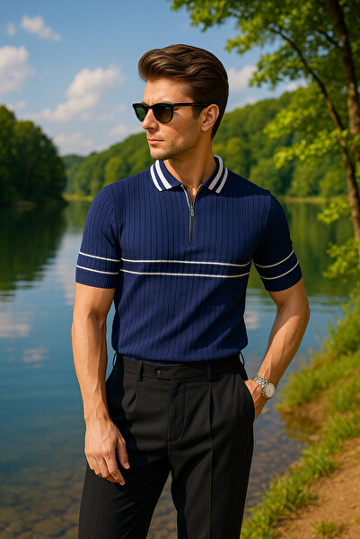 Pobudo Navy Blue Color White Striped Zipper Detailed Polo Neck Men's Knitwear T-Shirt