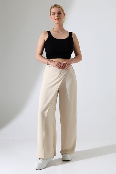 BEDUCA Ecru High Waist Aerobin Fabric Wide Leg Palazzo Trousers with Piece Detail on the Front