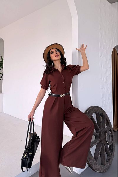 Neşeli Butik Women Shirt Collar Belt Wide Leg Jumpsuit Nbk4197