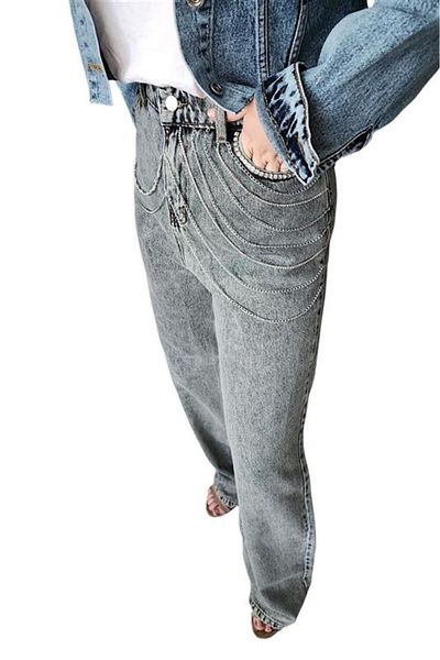 Uretti - Sümeyya 2589 Indigo Blue Wide Leg Jeans with Chain and Stone Embroidery