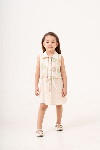 Gocoland Girl's Muslin Dress with Floral Crochet Vest