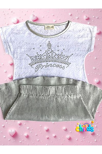 childs Bottom Top Summer Girls' Two-Piece Suit Tassel Combed Cotton Stone Printed Top Pleated Silver Shiny Skirt.