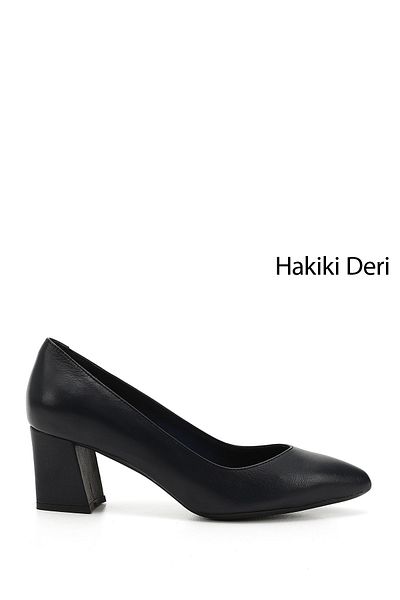 GÖNDERİ(R) Women's Navy Blue Antique Pointed Toe Medium Thick Heeled Genuine Leather Shoes