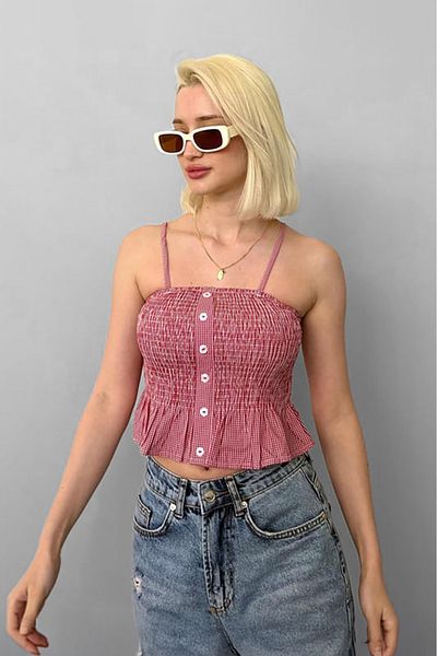 Madmext Red Adjustable Strap Gingham Crop Mg2371