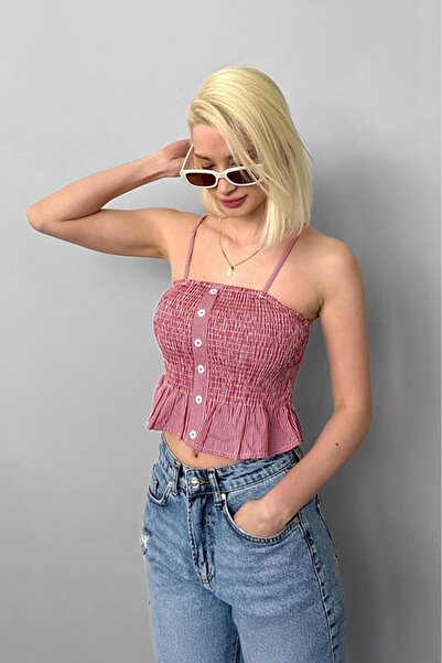 Madmext Red Adjustable Strap Gingham Crop Mg2371