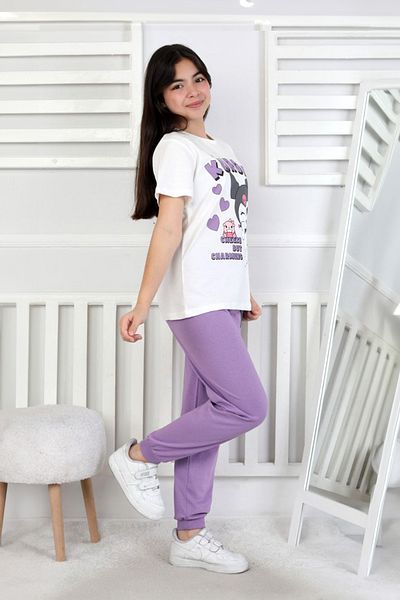 Nisanca Kids Set pijamale pentru fete Kuromi cu model 100% bumbac – Îmbrăcăminte de vară pentru acasă – Mânecă scurtă confortabilă, respirabilă