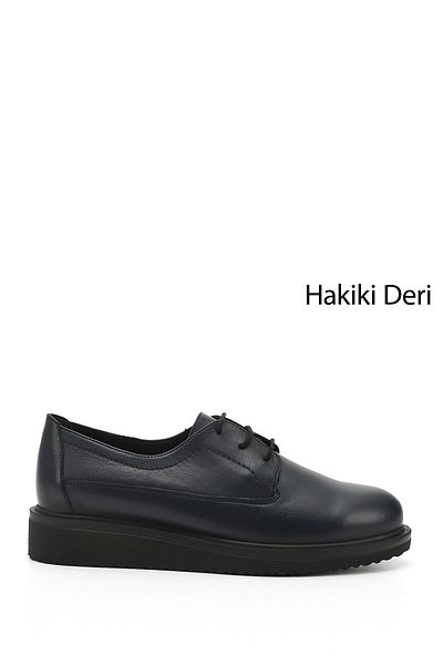 GÖNDERİ(R) Navy Blue Antique Gön Genuine Leather Round Toe Padding Sole Lace Up Women's Shoes 24074