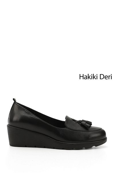 GÖNDERİ(R) Women's Black Wedge Sole Tasseled Genuine Leather Shoes