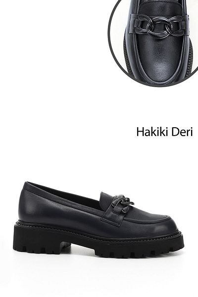 GÖNDERİ(R) Women / Girls Navy Blue Antique Thick Heeled Buckle Genuine Leather Loafer Shoes