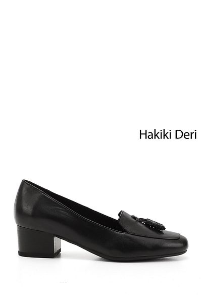 GÖNDERİ(R) Women's Black Blunt Toe Short Thick Heeled Genuine Leather Shoes