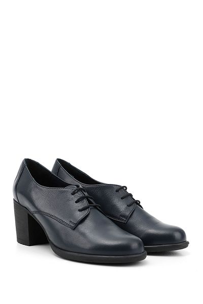 GÖNDERİ(R) Genuine Leather Navy Blue Round Toe Heeled Rubber Sole Lace Up Women's Shoes 24135