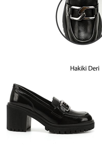 GÖNDERİ(R) Women's Black Patent Leather Buckle Medium Thick Heeled Genuine Leather Shoes