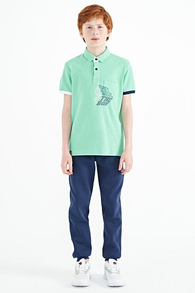 TOMMY LIFE Water Green Front Pocket Detailed Printed Standard Mold Polo Collar Boy T-shirt - 11102
