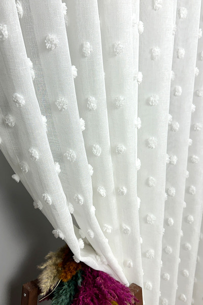 Tasarım Ponponlu Tül Perde 1x3 Sık Pileli Kırışmaz Kumaş