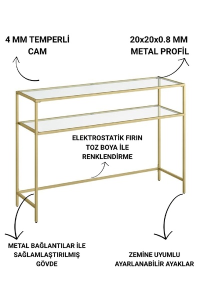 TOLIAHOME Modern 2 Katlı Gold Renk Metal Iskeletli Temper Cam Raflı Dresuar Konsol