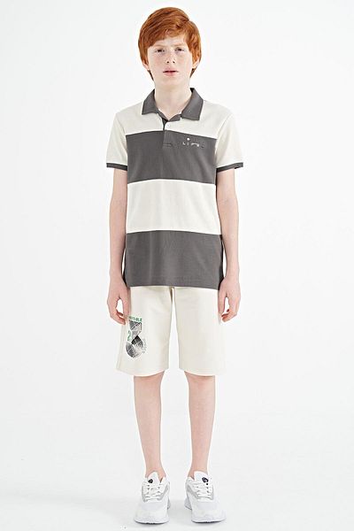 TOMMY LIFE Dark Gray Color Blocked Text Embroidered Standard Mold Polo Collar Boy T-shirt - 11095