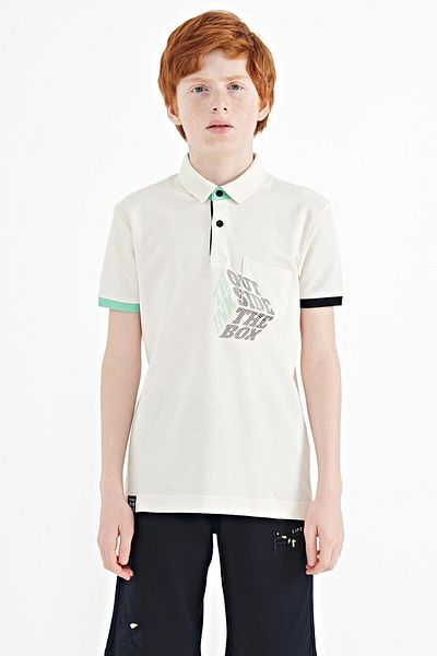 TOMMY LIFE Ecru Front Pocket Detailed Printed Standard Mold Polo Collar Boy T-shirt - 11102