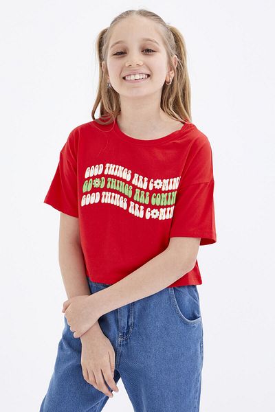 TOMMY LIFE Pomegranate Flower Oversize Colorful Text Printed Off Shoulder O Neck Girl's Crop T-shirt - 75038
