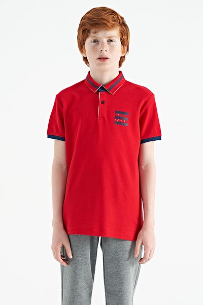 TOMMY LIFE Red Collar Color Block Print Detailed Standard Mold Boy T-shirt - 11111