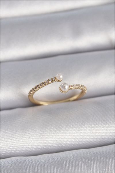 Skygo Brass Gold Color Adjustable Row Zircon Stone Pearl Detail Women's Ring - Tj-Byk3416