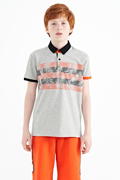 TOMMY LIFE Gray Melange Print Detailed Standard Pattern Polo Neck Boys' T-Shirt - 11101