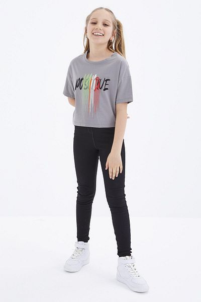 TOMMY LIFE Gray O-neck PrinTeD Girl's Crop T-shirt - Off ShoulDer Oversize - 75036