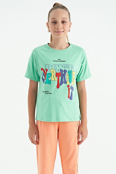 TOMMY LIFE Water Green Color Text Printed O Neck Oversize κοντομάνικο μπλουζάκι για κορίτσια - 75112