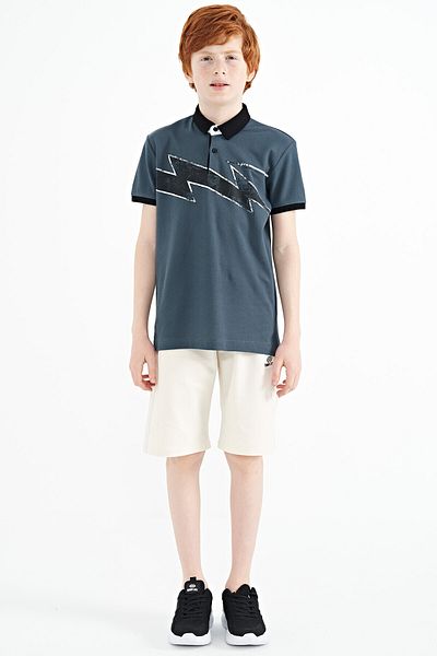 TOMMY LIFE Tricou pentru băiat, cu detaliu, cu imprimeu verde pădure, cu decor standard, cu gât polo - 11154