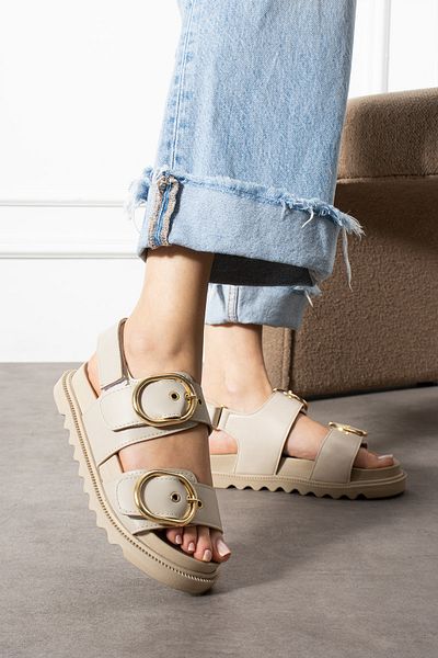Shakrak Sandale elegante pentru femei Mia Beige Gold Cataramă Velcro
