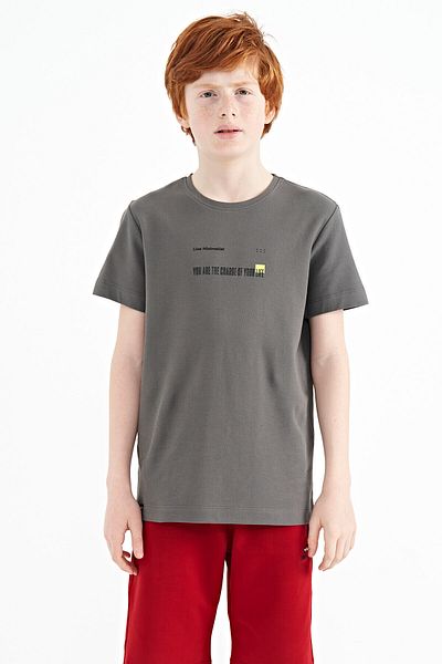 TOMMY LIFE Dark Gray Printed Detailed O Neck Standard Fit Boy's T-shirt - 11117