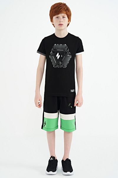 TOMMY LIFE Черни къси панталони за момче с щампа и бродерия, стандартен модел - 11129
