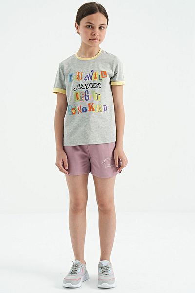 TOMMY LIFE Gray Melange Colored Text Detailed O Neck Comfortable Form Girl's T-shirt - 75109