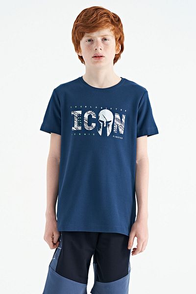 TOMMY LIFE Indigo μπροστινό μπλουζάκι με κεντημένο O-neck Standard Mold Boy - 11118