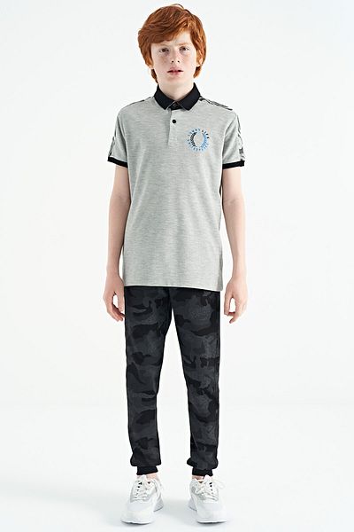 TOMMY LIFE Grey Melange Print Detailed Pola Collar Standard Mold Boy T-shirt - 11166