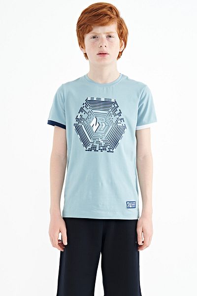 TOMMY LIFE Tricou pentru băiat, albastru deschis, cu mâneci, cu imprimeu detaliat, cu formă standard - 11156