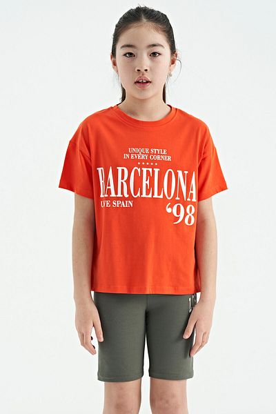 TOMMY LIFE Tricou portocaliu pentru fetiță, cu umăr dezactivat, text cu decolteu, supradimensionat - 75115