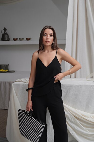 Paw Garage Women's Shay Black Ayrobin Rope Strap Blouse Wide Leg Pants Set, Summer New Season