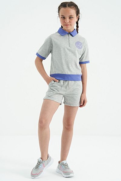 TOMMY LIFE Gray Melange Collared Short Sleeve Comfortable Form Girls' Shorts Set - 75131