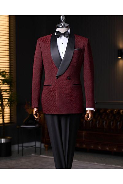 TerziAdemAltun burgundy Italian style slim fit shawl collar jacket and pants set - groom suit T12031