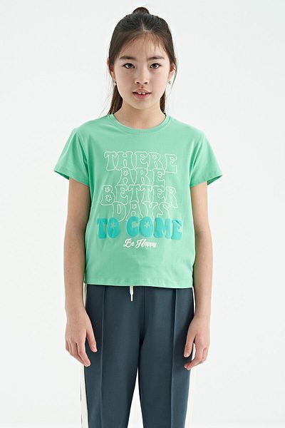 TOMMY LIFE Water Green O Neck Text Printed Comfortable Form κοντομάνικο κομμένο μπλουζάκι για κορίτσια - 75118