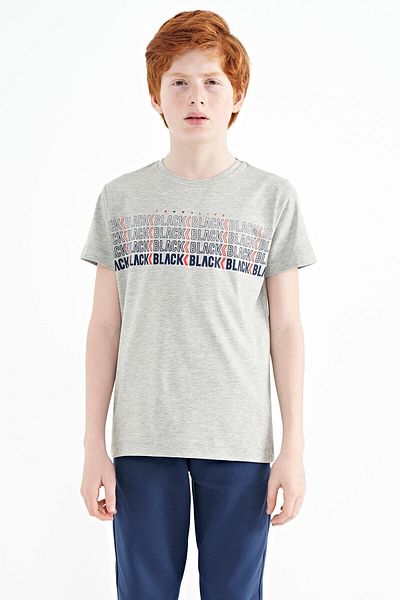 TOMMY LIFE Gray Melange Text Printed O Neck Standard Mold Boy's T-shirt - 11149